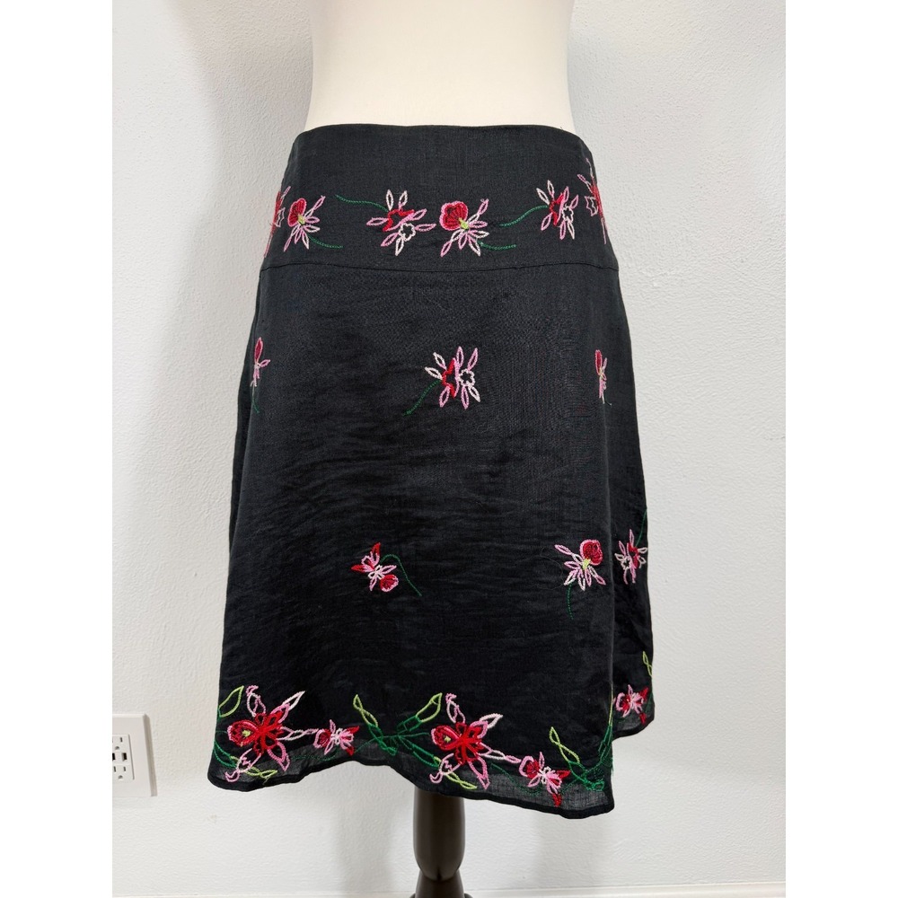 Silkland Floral Embroidered Lagenlook‎ 100% Linen A-Line Petite Black Skirt P6